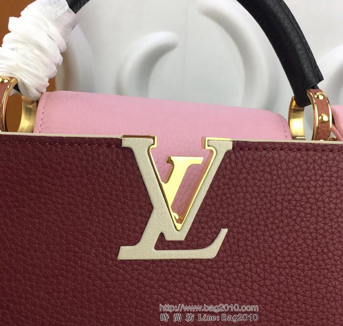 路易威登LV 頂級原單 M94517酒紅配粉 Capucines小號手袋 全粒面Taurillon皮革 經典時尚手提肩背斜挎包  YDH2361